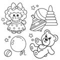 Coloring Page Outline Of little teddy bear, cute doll, ball, balloon and spinning top. Set of children toys. Coloring book for