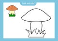 Coloring page outline of a mushroom with colored example. Vector illustration, coloring book for kids preschool activities