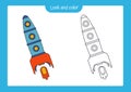 Coloring page outline of a rocket with colored example. Vector illustration, coloring book for kids preschool activities Royalty Free Stock Photo