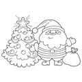 Coloring Page Outline Of Santa Claus with gifts bag and Christmas tree. New year. Christmas. Coloring book for kids