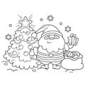 Coloring Page Outline Of Santa Claus with gifts bag and Christmas tree. New year. Christmas. Coloring book for kids Royalty Free Stock Photo