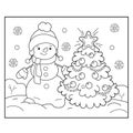 Coloring Page Outline Of snowman with Christmas tree. Christmas. New year.