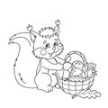 Coloring Page Outline Of squirrel with basket of mushrooms.