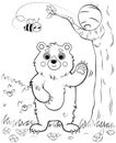 Coloring page outline of a waving cartoon bear with bee`s nest. Vector image with nature background.