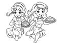 Coloring page Pancake day, Pancake race. Women run with plates of pancakes