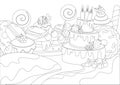 Coloring page. Panorama set of sweets cake with candles, macarons, donuts, lollipops, muffins.