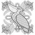 Coloring page with Pelican in hibiskus flowers,