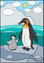 Cartoon birds. Mother penguin stands on the stone with her little cute baby