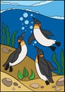Cartoon birds. Three little cute penguins swim underwater