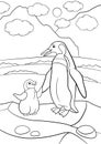 Coloring pages. Mother penguin stands with her little cute baby on the stone