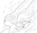 Coloring page. Coloring picture of beautiful girl floats in the water. Illustration of cute fishes swimming underwater. Line art