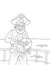 coloring page illustration of a pirate who smells happy seeing the treasure in the bag