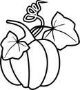Coloring page with ripe pumpkin with tendril and two leaves