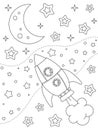 Coloring page with rocket, moon, nebulae and stars for kids Royalty Free Stock Photo