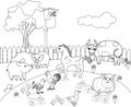 Coloring page. Rural landscape with different farm animals