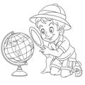 Coloring page with schoolboy and world globe