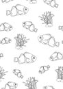 Coloring Page with Seamless Pattern with Amphiprion Nemo Fish and Corals, Outline Vector stock illustration with tropical clown Royalty Free Stock Photo