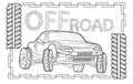 Coloring page set for book and drawing. Off road drive Black contour sketch illustrate Isolated on white background.