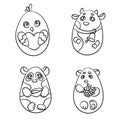 Coloring page set of 4 cute animals in a shape of Easter egg.