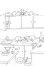 coloring page several cats playing and eating in the kitchen