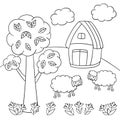 Coloring page with sheep, tree and house