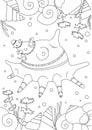 Coloring page with shell or shell in the ocean or on the seabed for print, outline vector stock illustration with algae and mallus