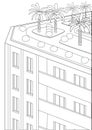 Coloring page with a skyscraper and city landscaping as a coloring, colorless outline or linear vector stock illustration with a Royalty Free Stock Photo