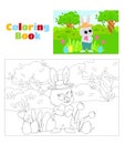 Coloring page. A small cute Easter bunny is standing with a painted egg in his hands. Illustration in cartoon style. Royalty Free Stock Photo