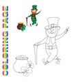 Coloring page with smiling leprechaun and pot of gold