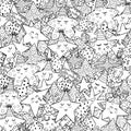 Doodle stars black and white seamless pattern. Fantasy coloring page with cute good night characters Royalty Free Stock Photo