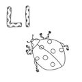 Coloring page for study letter L, outline illustration of ladybug and volumetric letters with patterns