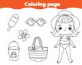 Coloring page with cartoon summer girl and beach objects. Drawing kids activity. Printable fun for toddlers and children Royalty Free Stock Photo