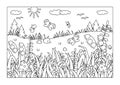 Coloring page. Summer outdoor nature scene with butterflies, grass, wildflowers.