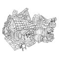 Coloring page tavern cartoon image. Comic style hut for rpg adventures. Black outline lineart vector illustration