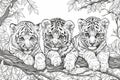 Whimsical Trio of Tiger Cubs Lounging on a Tree Limb