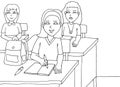 coloring page three teenagers are studying in class