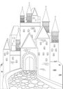 Coloring page with a traditional German castle outline vector stock illustration with colorless architecture of a medieval castle