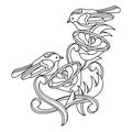 Coloring page . Two birds and stylized flowers. Black and white vector illustration Royalty Free Stock Photo