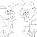 coloring page two children playing with bubbles in the park illustration Royalty Free Stock Photo