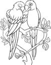 Coloring page. Two cute parrots blue macaw sits and smiles. They are in love