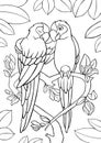 Coloring page. Two cute parrots green macaw sits and smiles. They are in love