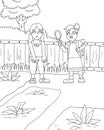 coloring page illustration two girls found something strange on the ground