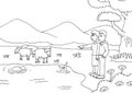 coloring page two kids looking sheeps eat grass in front of lake