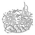 Coloring page underwater. Background with marine fish, algae, seaweed . Sketchy detailed backdrop Royalty Free Stock Photo