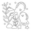 Coloring page, Underwater world. Ocean or sea with cute octopus and jellyfish, water marine plants