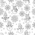 Coloring page with winter Christmas seamless pattern: snowflakes and snowmen Royalty Free Stock Photo