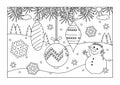 Coloring page. Winter wonder with three baubles, snowman and cheerful snowflake. Royalty Free Stock Photo