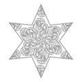 Coloring pages for adult. Hand-drawn six-pointed star with an ethnic abstract pattern. Doodle anti-stress vector illustration