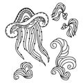 Coloring pages for adults and children. Hand-drawn vector jellyfish with ornaments, fish and waves. Black and white doodles