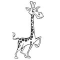 Coloring pages. Animals. Cartoon of a little cute giraffe stands and smiles. Outlined line art. Vector illustration. Royalty Free Stock Photo